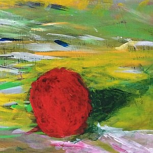 An abstract painting of a red ball on a green-white blue-hazy multicolored spotted background